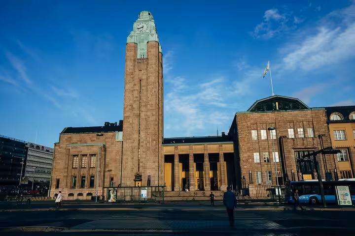 A view of Helsinki Central Railway Station's iconic architecture, featured in the sociologist walking tour.