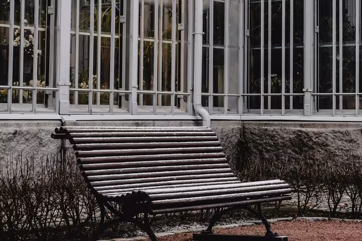 Charming park bench by Helsinki's Winter Garden, offering a serene stop on the sociologist-led walking tour.