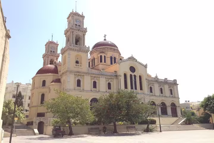 Historic Heraklion architecture with a grand cathedral, part of the Private Tour Knossos Palace-Archaeological Museum-Heraklion Town.