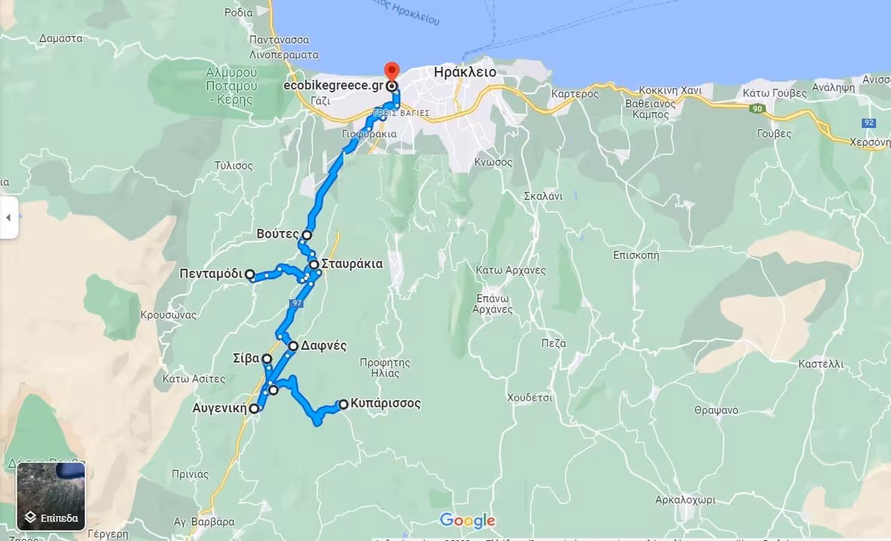 Heraklion countryside road map via Voutes, Dafnes and Kyparissos for all-inclusive 3-day Crete tour, 2 nights