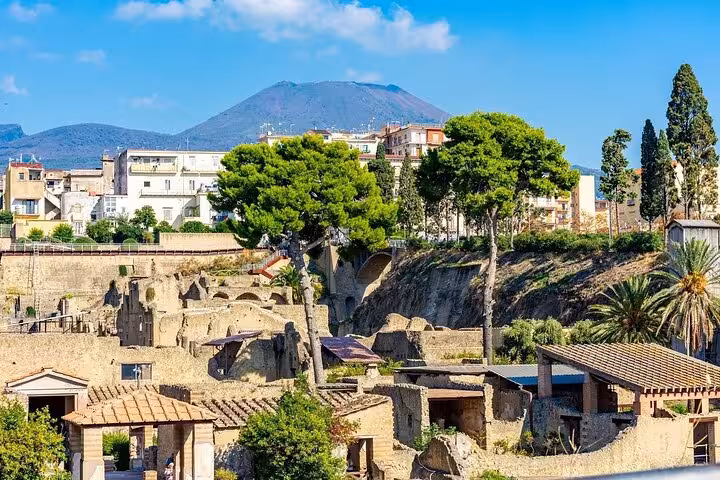 View of the ancient ruins of Herculaneum with Mount Vesuvius in the background, perfect for a skip-the-line tour.