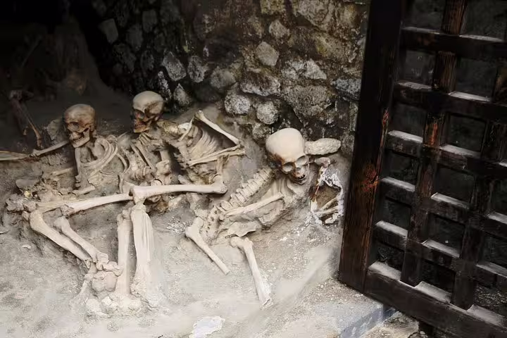 Ancient skeletons preserved in a stone boathouse at Herculaneum, visited on a private archaeological tour with local guide