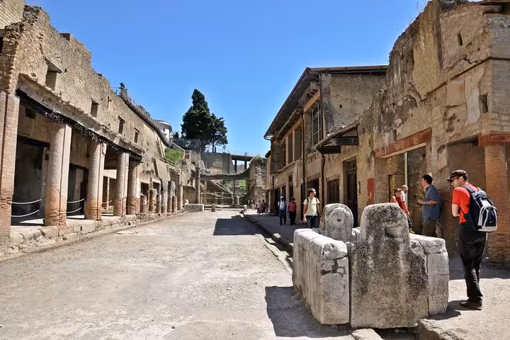 Tourists explore the ancient streets of Herculaneum with skip-the-line access from Amalfi and Positano.