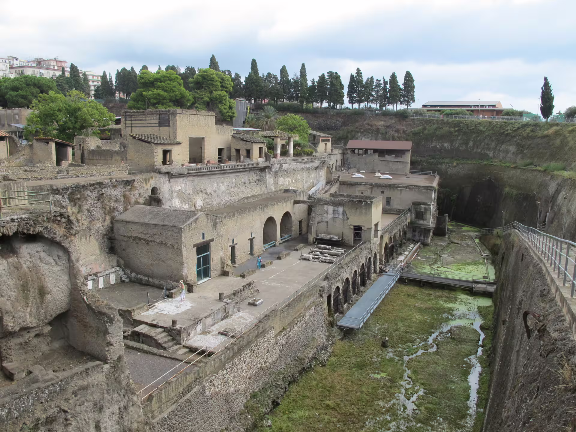 Panoramic view of Herculaneum archaeological site with excavated houses, terraces and greenery on a guided daily tour from Naples