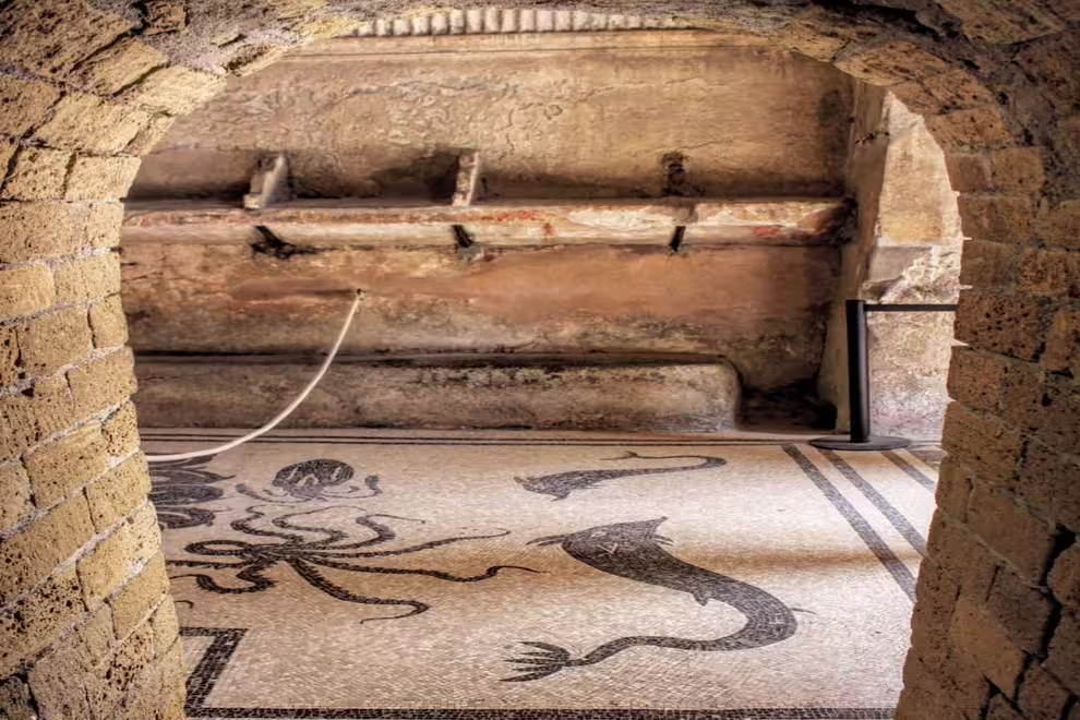 Herculaneum mosaic floor with sea creatures inside Roman villa, Naples low cost Pompeii tour