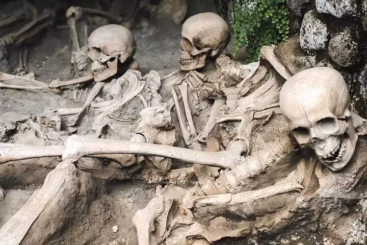 Encounter the haunting remains of Herculaneum residents with preserved skeletons providing insight into the volcanic tragedy.