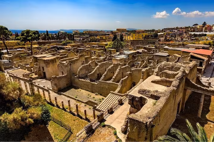 Explore the ancient ruins of Herculaneum with skip-the-line access and enjoy a scenic view of preserved structures.