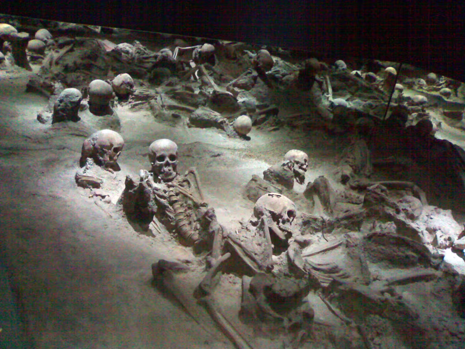Human skeletons preserved in volcanic ash at Herculaneum, Italy, revealing victims of the 79 AD Vesuvius eruption on guided tour