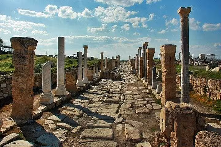 Ancient colonnaded street ruins of Hierapolis at Pamukkale, visited on a private full-day tour from Antalya