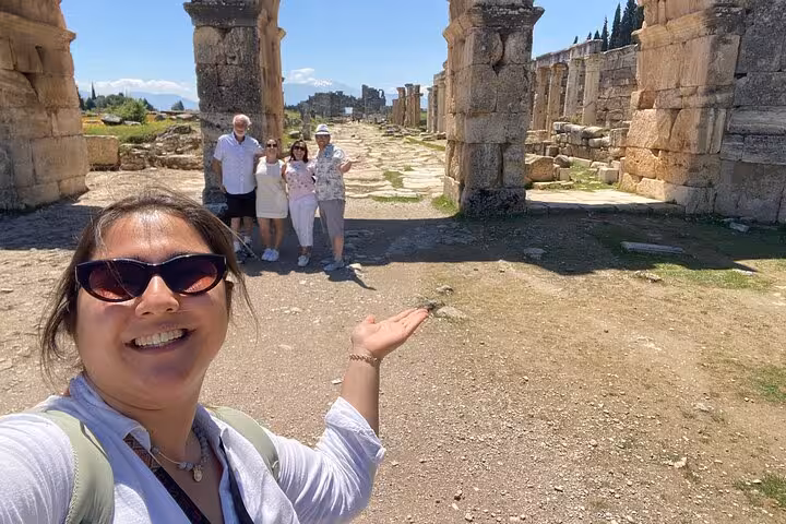 Traveler selfie at the ancient ruins of Hierapolis near Pamukkale, on 8-day Cappadocia Ephesus Antalya tour