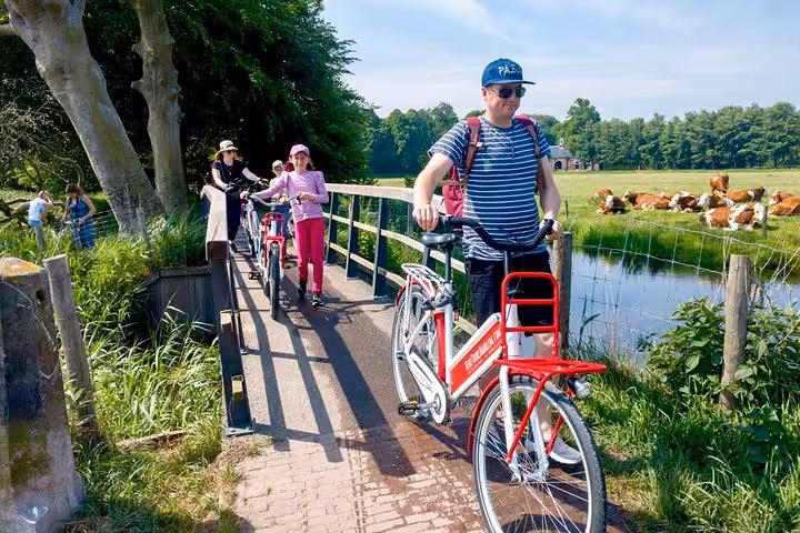 Highlight Bike Tours Haarlem cycling over a small bridge by canals and cows, Dutch countryside near Haarlem
