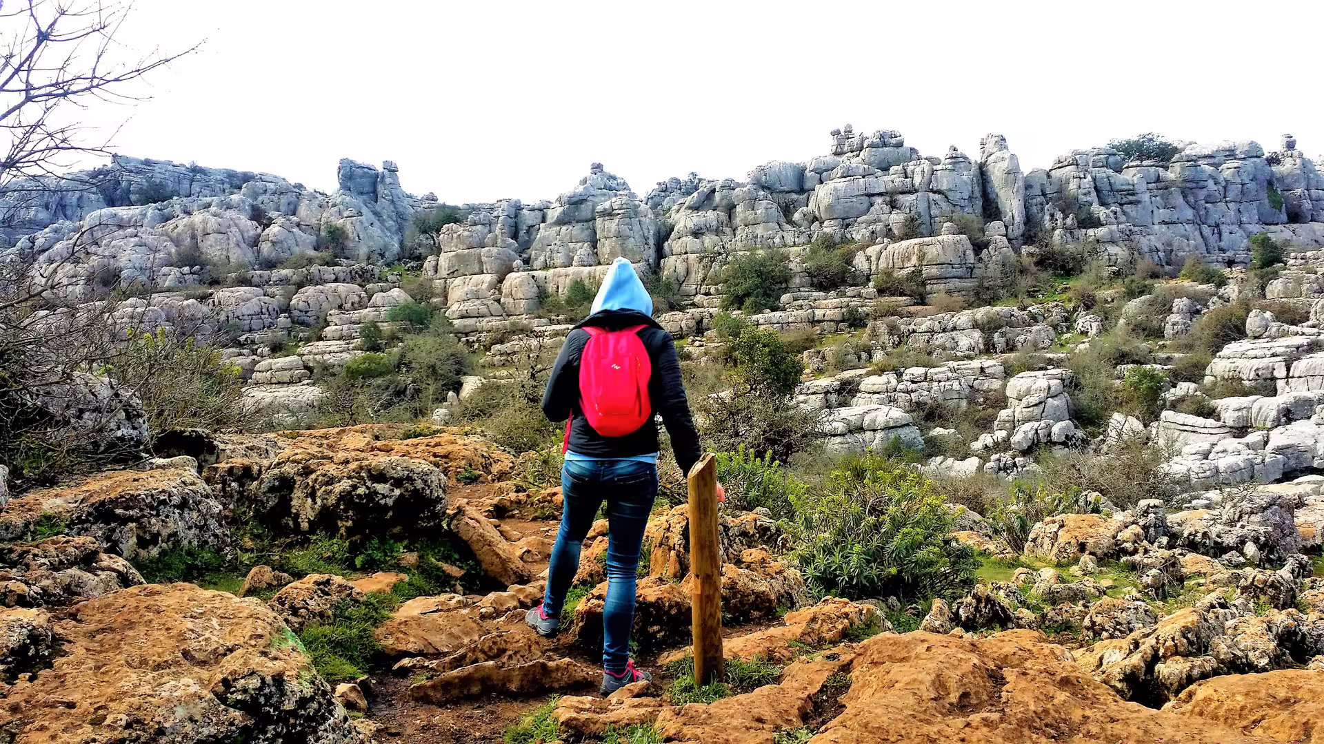 Hiker with red backpack at El Torcal de Antequera on a private full-day trip from Costa del Sol