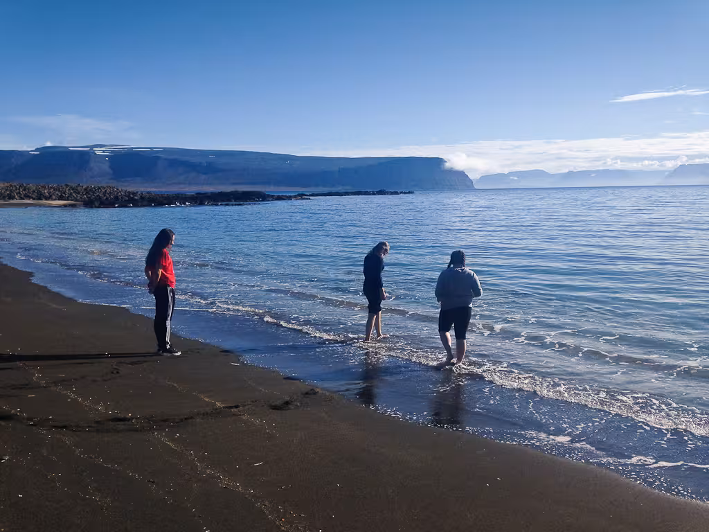 Hikers on black-sand beach by calm fjord, scenic stop on Solar Eclipse Hike tour in Iceland