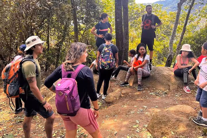 Hikers resting on a scenic rock in Tijuca Forest, enjoying panoramic views and vibrant greenery.