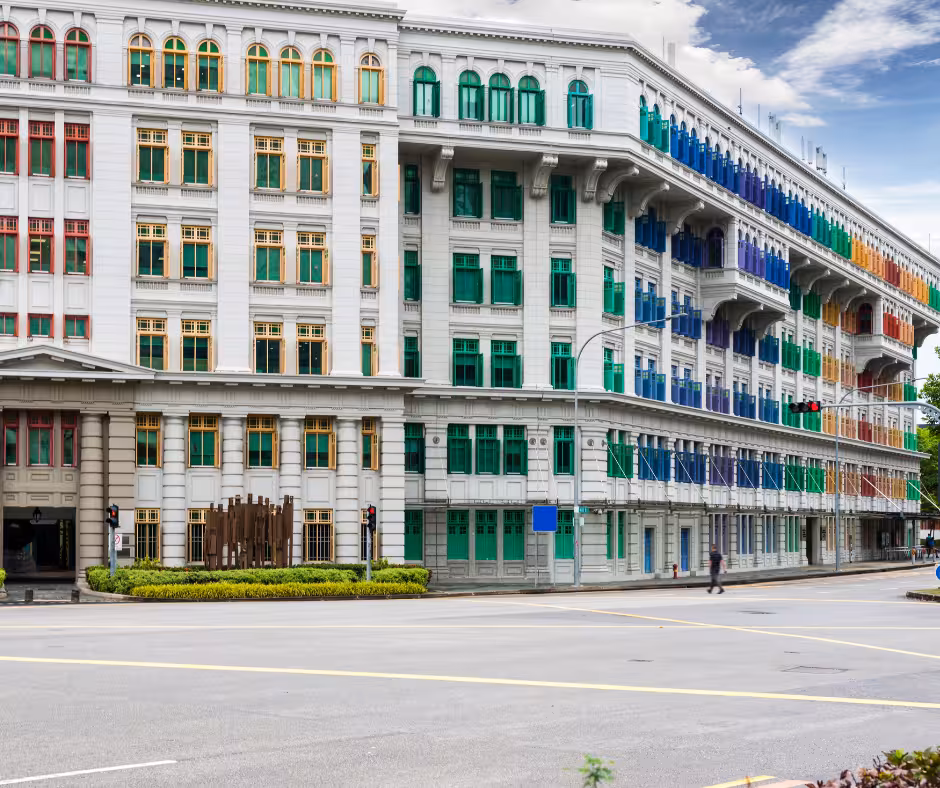 Colorful facade of Hill Street building in Singapore's Civic District, showcasing vibrant heritage architecture.