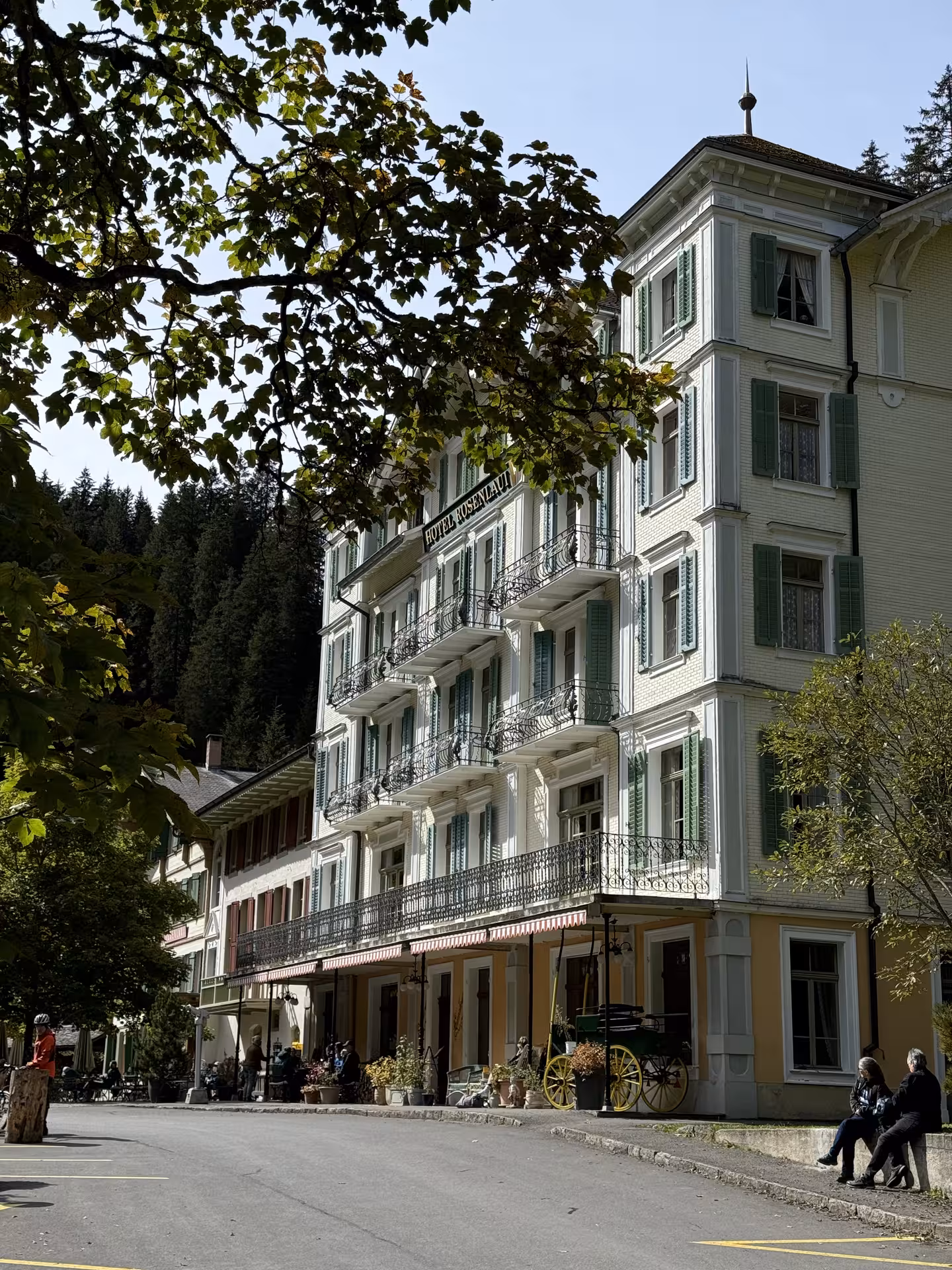 Historic Hotel Rosenlaui exterior in the Swiss Alps, charming landmark on Private Rosenlaui Valley e-bike tour