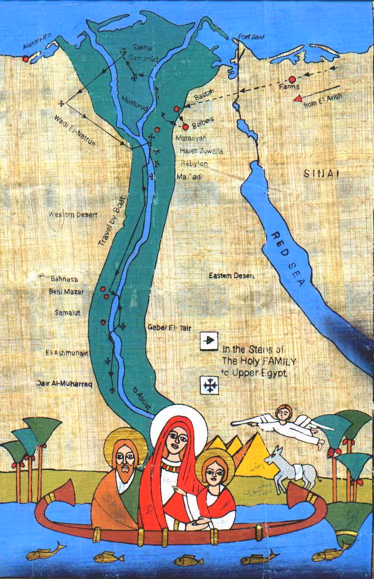 Map of the Holy Family route in Egypt along the Nile, highlights for The Holy Family Trip pilgrimage itinerary