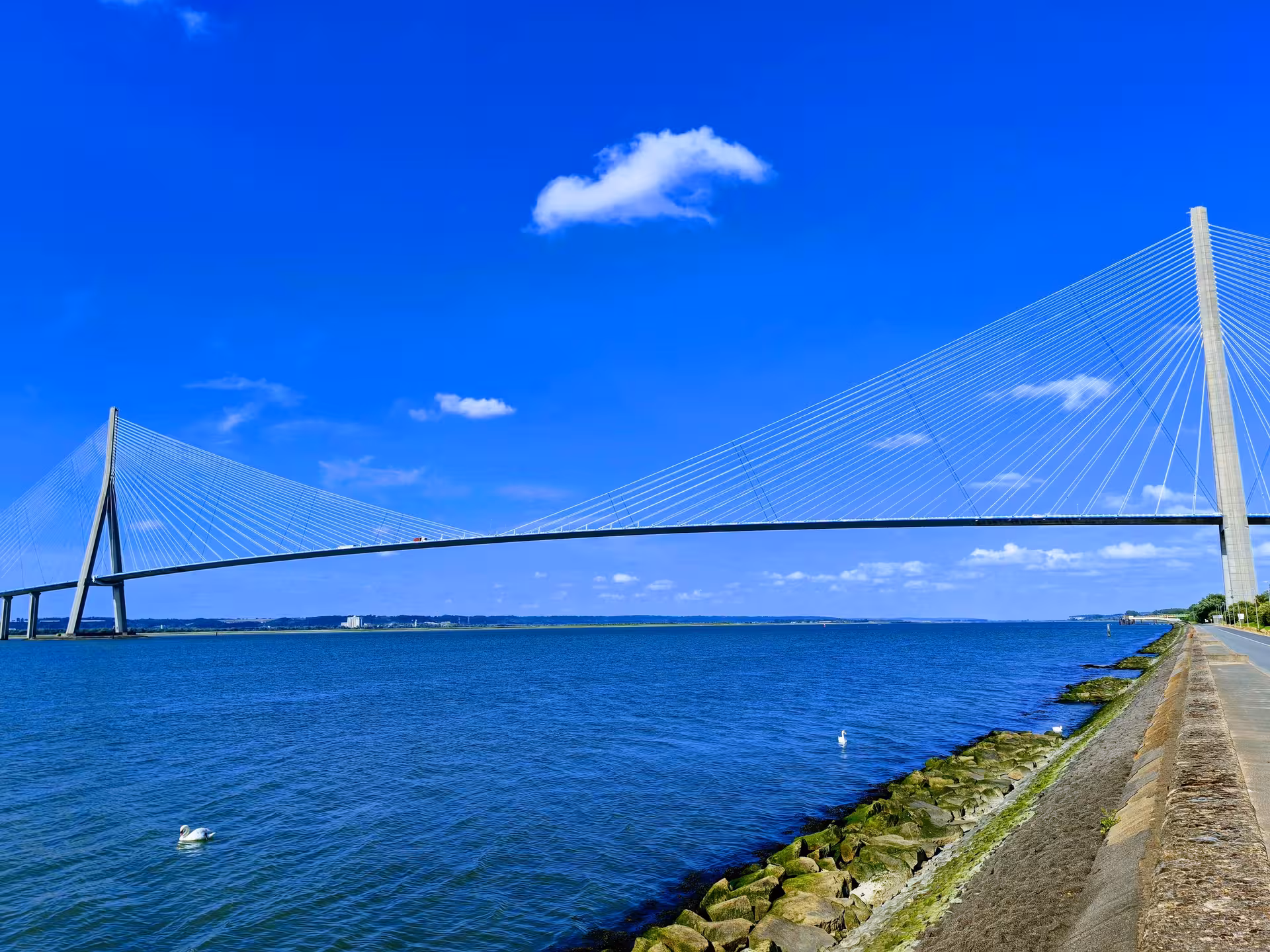 Pont de Normandie over the Seine estuary near Honfleur, scenic viewpoint on a private guided electric bike tour