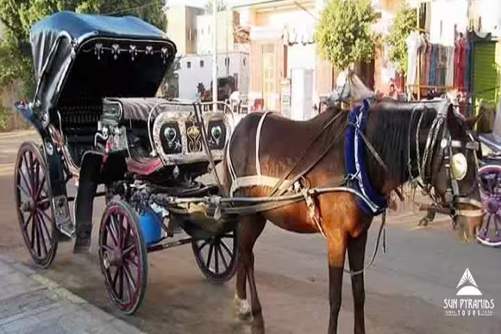 Horse-drawn carriage waiting on a Luxor street, Egypt, for a scenic city tour by horse carriage ride