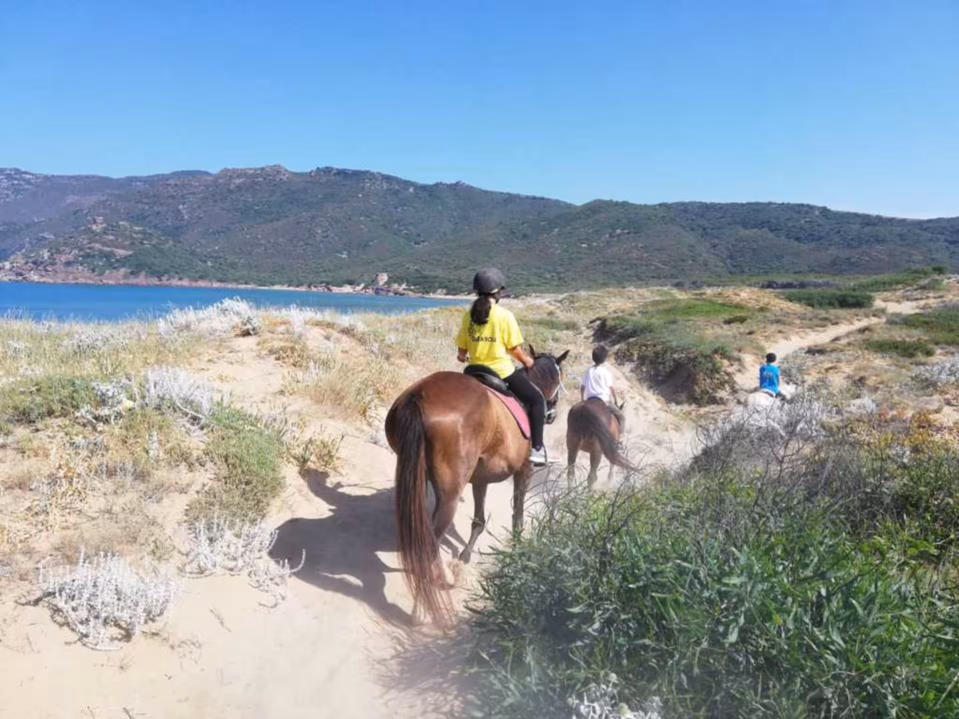 Horseback riders exploring lush trails near Lake Baratz, Alghero, with stunning coastal and mountain views.