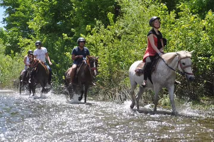 Tourists on horseback ride through a sunlit forest stream near Kusadasi Port, offering a unique cruise excursion experience.