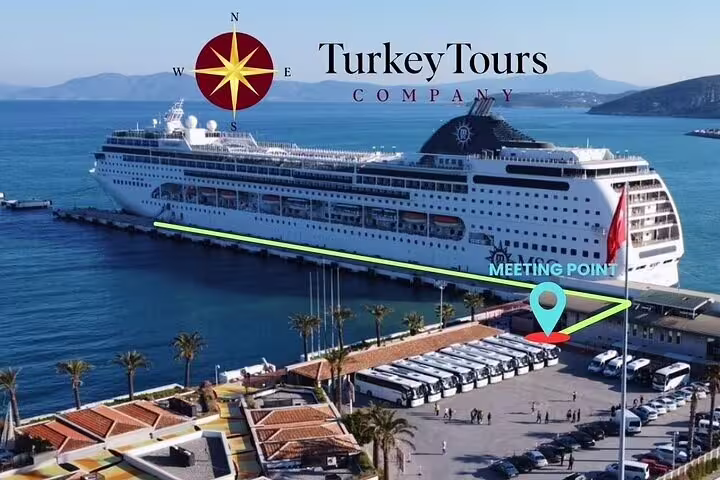 Cruise ship docked at Kusadasi Port with a marked meeting point for TurkeyTours Company's horseback riding excursions.
