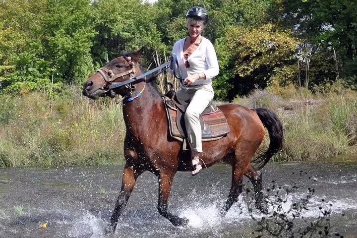 Smiling rider experiences a refreshing horseback adventure through shallow waters near Kusadasi for cruise guests.