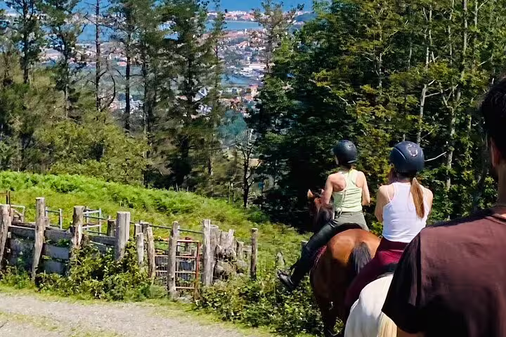 Two riders on horseback exploring a picturesque forest trail with a stunning ocean and city view in the background.