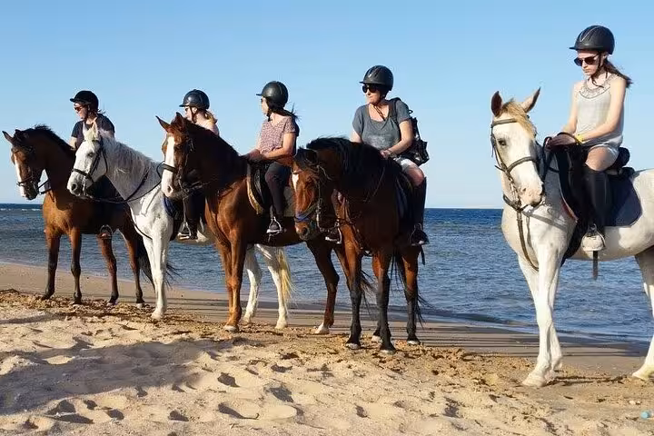 Group horseback riding along the Red Sea beach in Hurghada, Egypt, on a 2-hour beach and desert tour