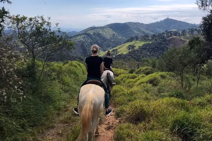 Riders enjoying scenic horseback trail through lush hills on Exclusive Horse Experience tour at Belvedere.