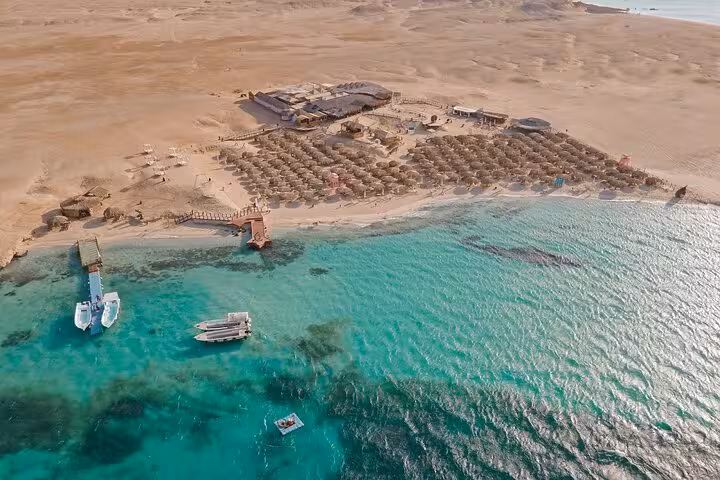 Aerial view of Hula Hula Island from Hurghada, Red Sea day trip with boats, beach cabanas and snorkeling