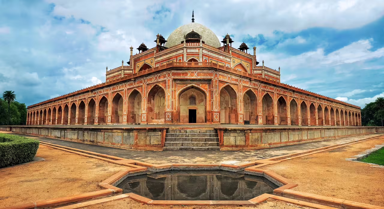Explore the stunning architecture of Humayun's Tomb in Delhi, a UNESCO World Heritage Site on the Rajasthan tour.