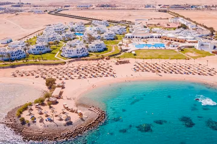 Aerial view of Hurghada beachfront resort and turquoise Red Sea, ideal drop-off from Hurghada Airport transfer
