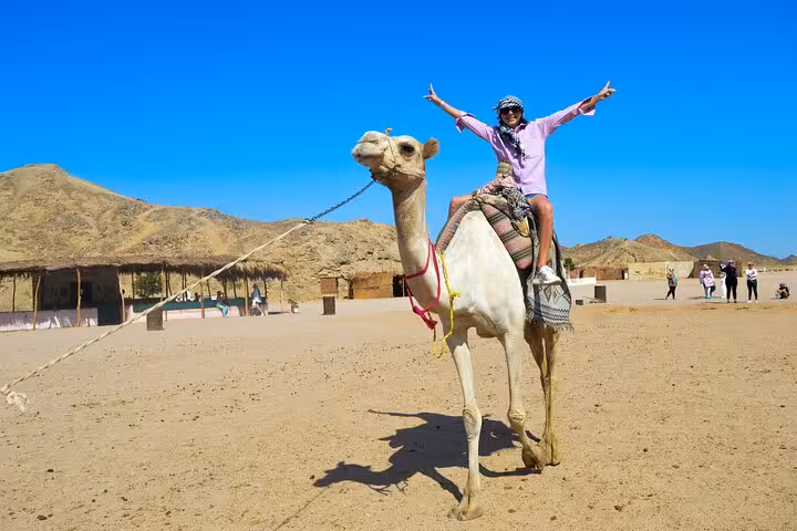 Tourist riding a camel in Hurghada desert camp, part of 3-hour safari with quad bike and shopping stop