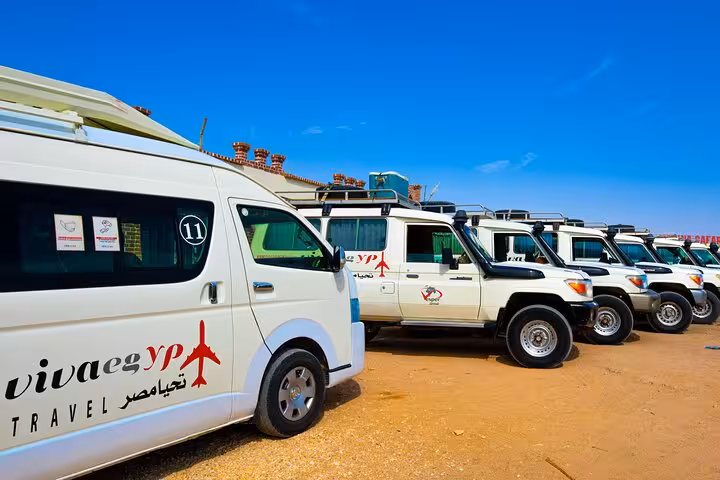 Hurghada desert safari pickup fleet of 4x4 jeeps and vans for ATV, buggy ride, dinner and show tour