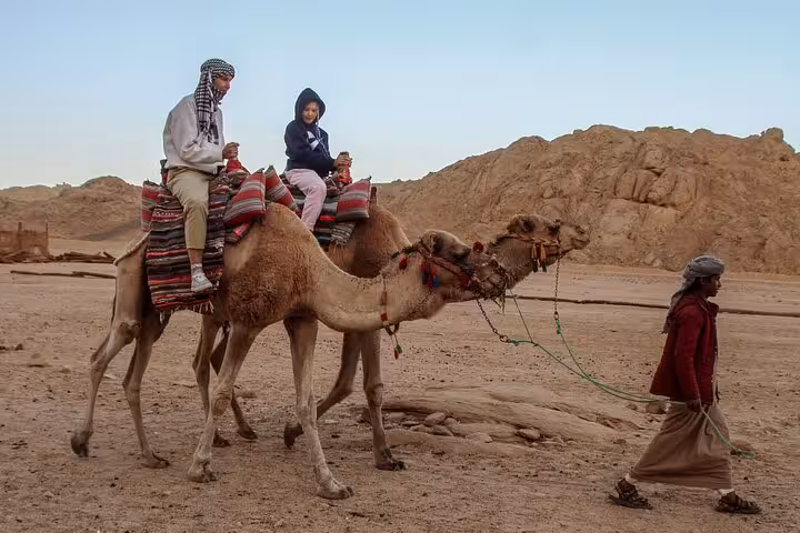 Family camel trek in Hurghada desert during adrenaline safari, combined with ATV, buggy ride, dinner and show