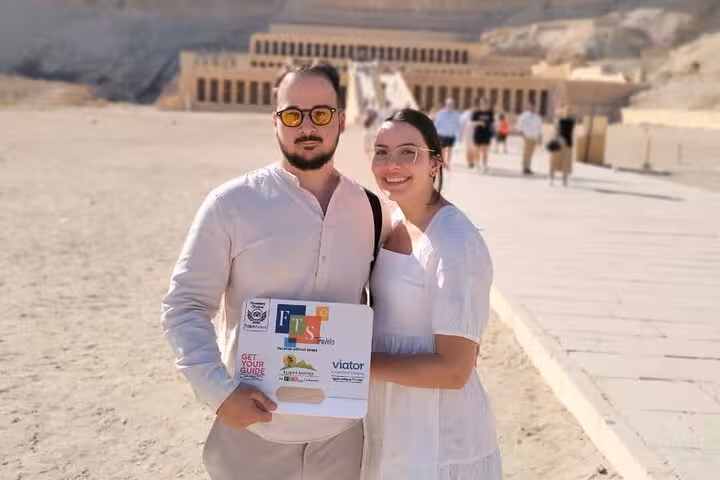 Couple at Hatshepsut Temple on Hurghada to Luxor day trip, visiting Valley of the Kings and Tutankhamun tomb