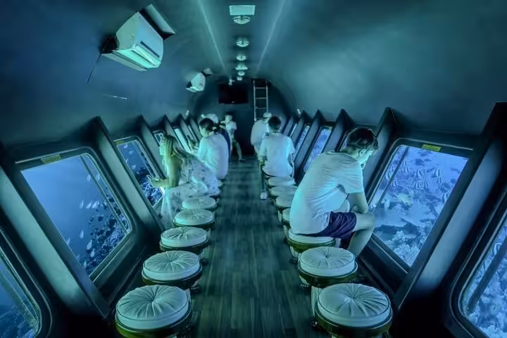 Inside Hurghada semi-submarine viewing cabin with panoramic windows for Red Sea coral and fish tour