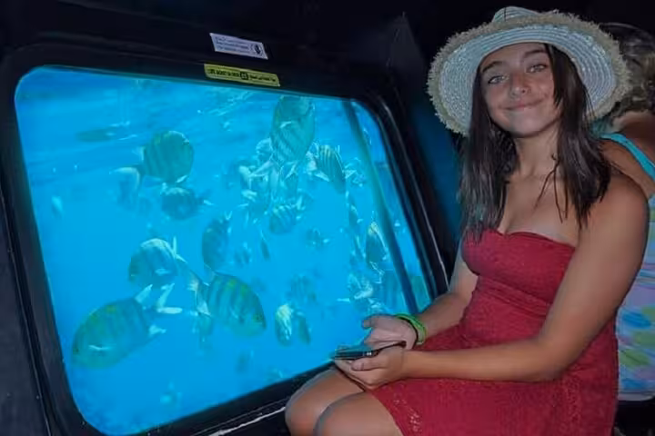 Guest watches colorful Red Sea fish through semi-submarine window on 2-hour Hurghada reef adventure