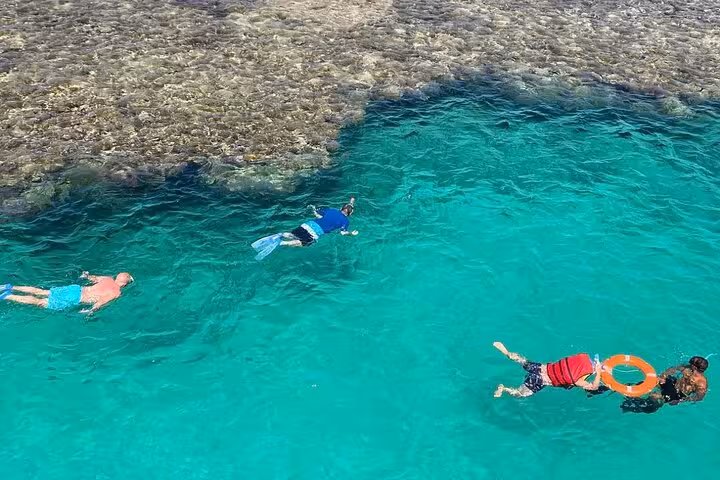Snorkelers floating over a Red Sea coral reef on a Hurghada VIP cruise with seafood and BBQ buffet lunch