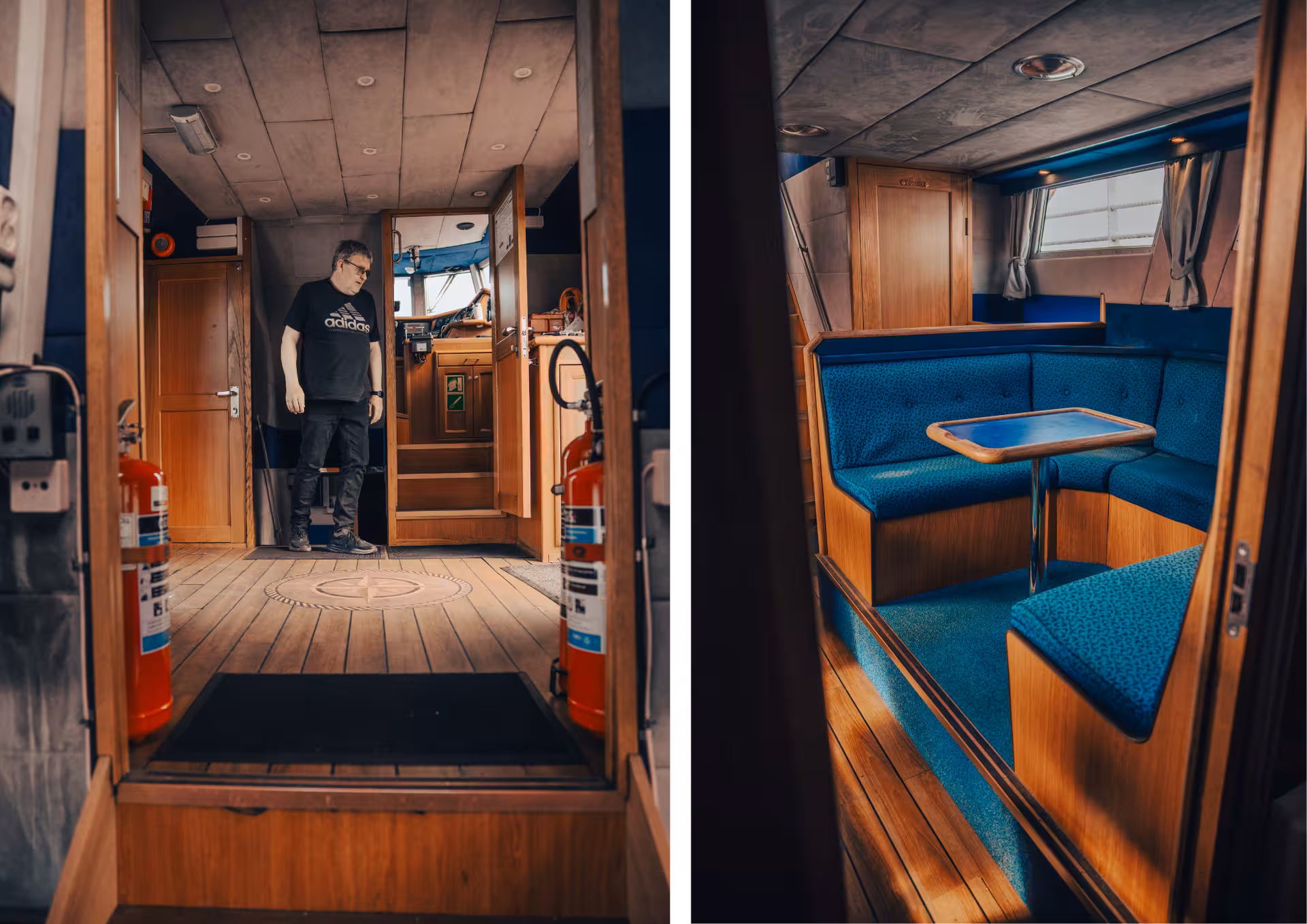 Inside family-run Húsavík whale watching boat with crew entry and cozy cabin seating for guided tour