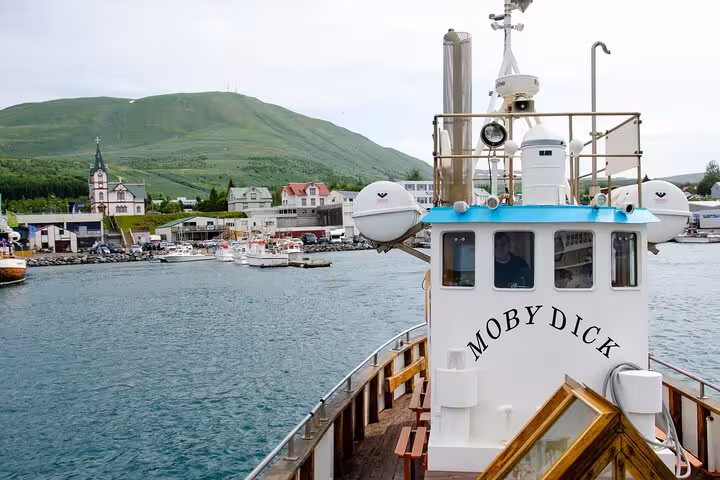 Moby Dick whale watching boat departing Húsavík harbor for a family-run locally owned guided whale watching tour
