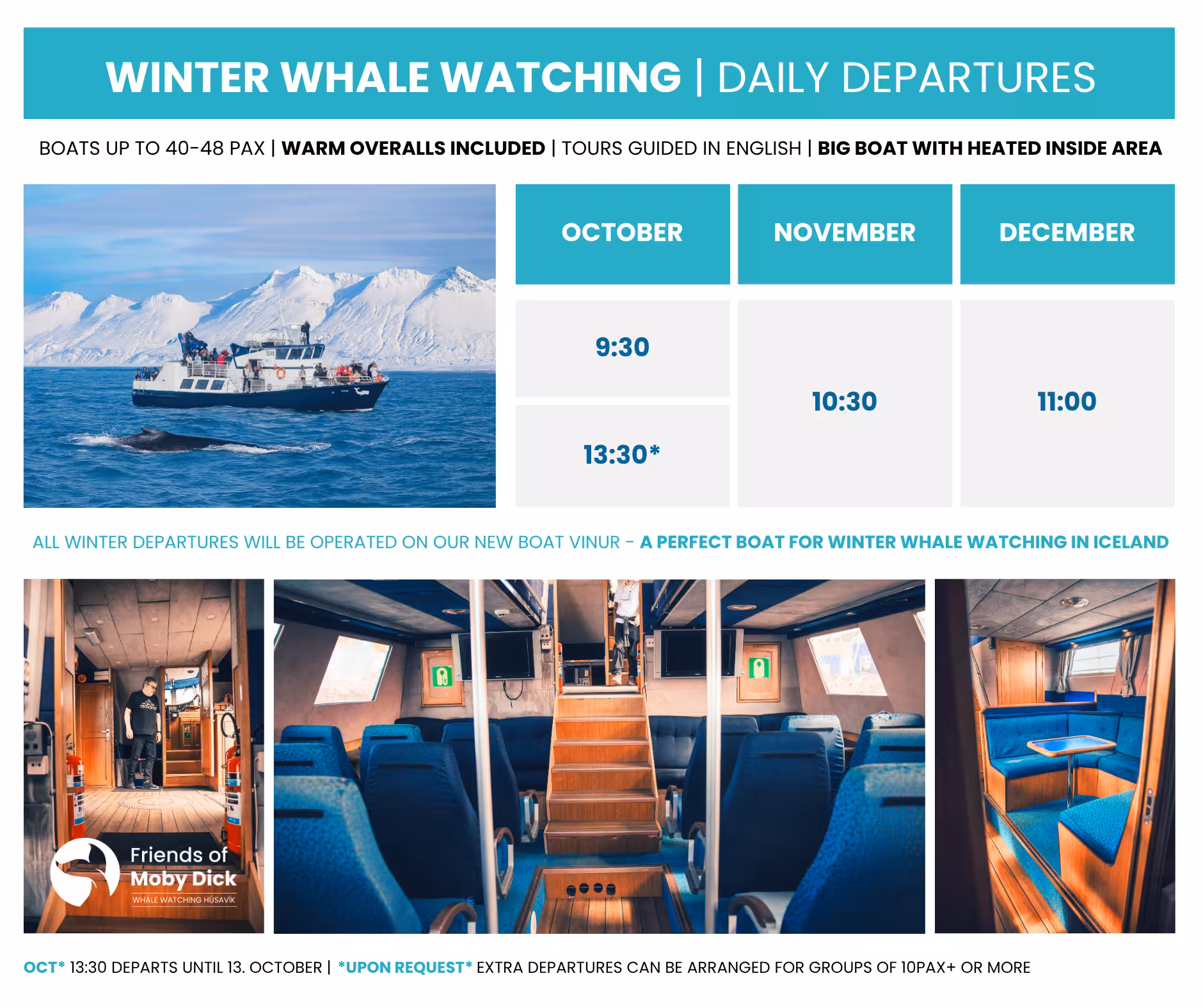 Húsavík winter whale watching schedule with daily departures, warm overalls, English guides, heated cabin boat