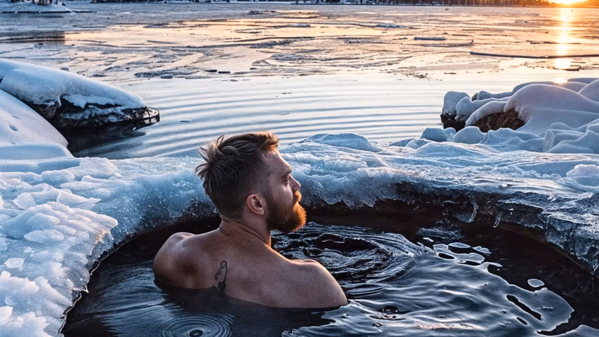 Traveler soaking in icy seaside hot spring, optional Hvammsvík geothermal baths stop on Hvalfjörður fjord tour