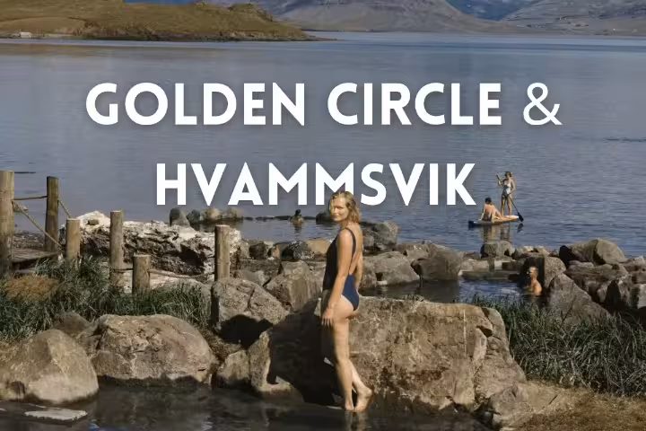 Hvammsvik Hot Springs lagoon with bathers by the fjord, featured on Private Golden Circle tour in Iceland