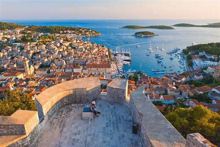 Panoramic view of Hvar Town harbor and Paklinski Islands from fortress on a private boat tour