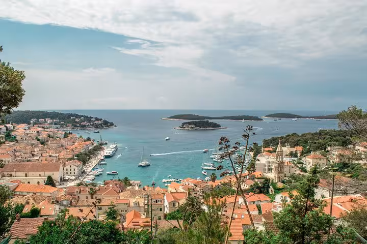 Panoramic view of Hvar Town and Pakleni Islands, Croatia, on an 8-day private tour with Adriatic boats