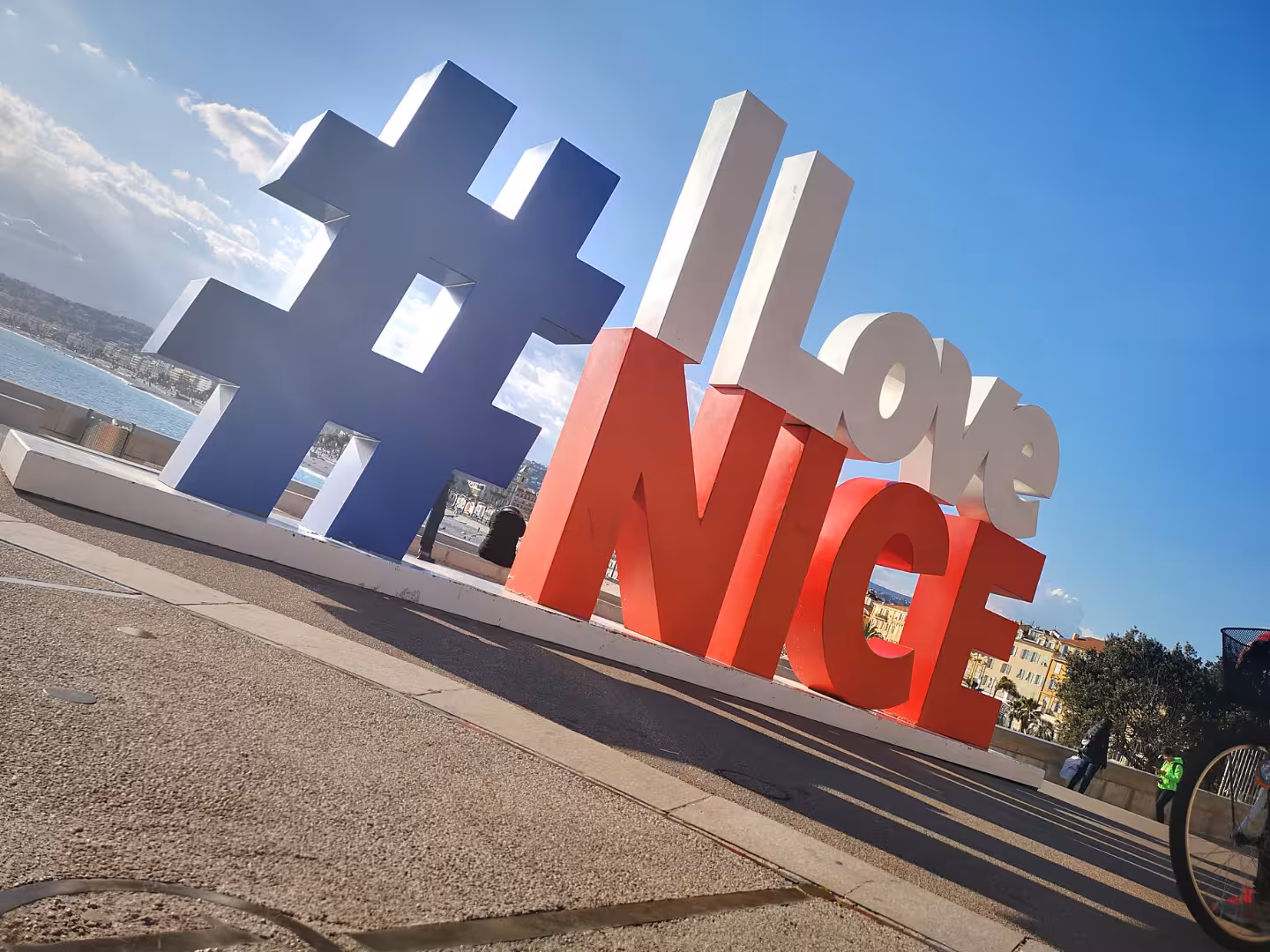 I Love Nice sign on the Promenade des Anglais, photo stop on a private Marseille shore excursion to Nice