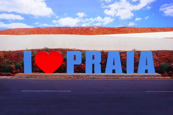 I Love Praia landmark sign in Cape Verde, a photo stop on the 3-hour guided historic shore excursion
