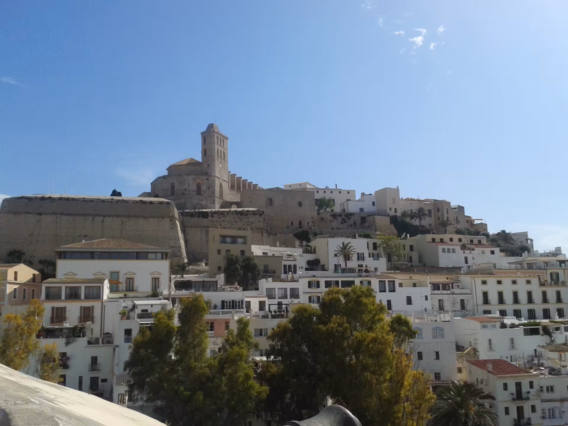 Panoramic view of Ibiza Old Town Dalt Vila and cathedral above white houses, featured on an official night tour